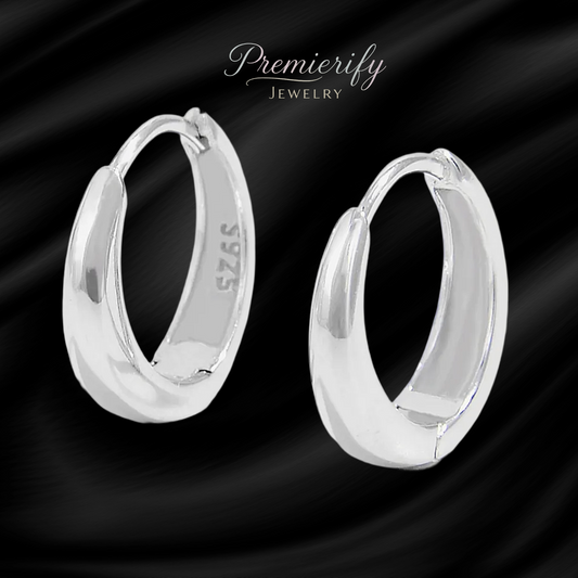 Silver hoop earrings on a black background with 'Premierify Jewelry' branding.
