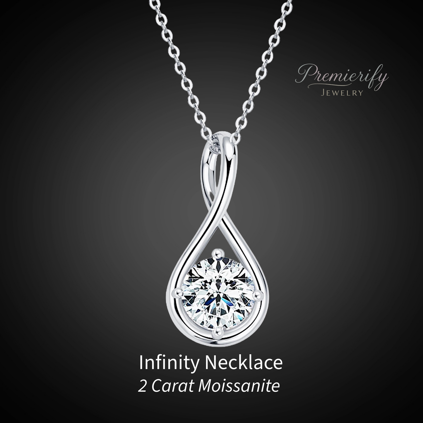Silver Infiniti necklace with Premierify Jewelry logo on black background.