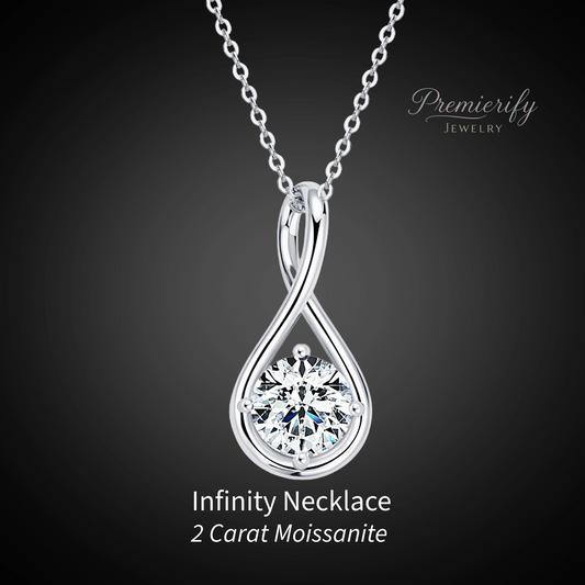 Silver Infiniti necklace with Premierify Jewelry logo on black background.