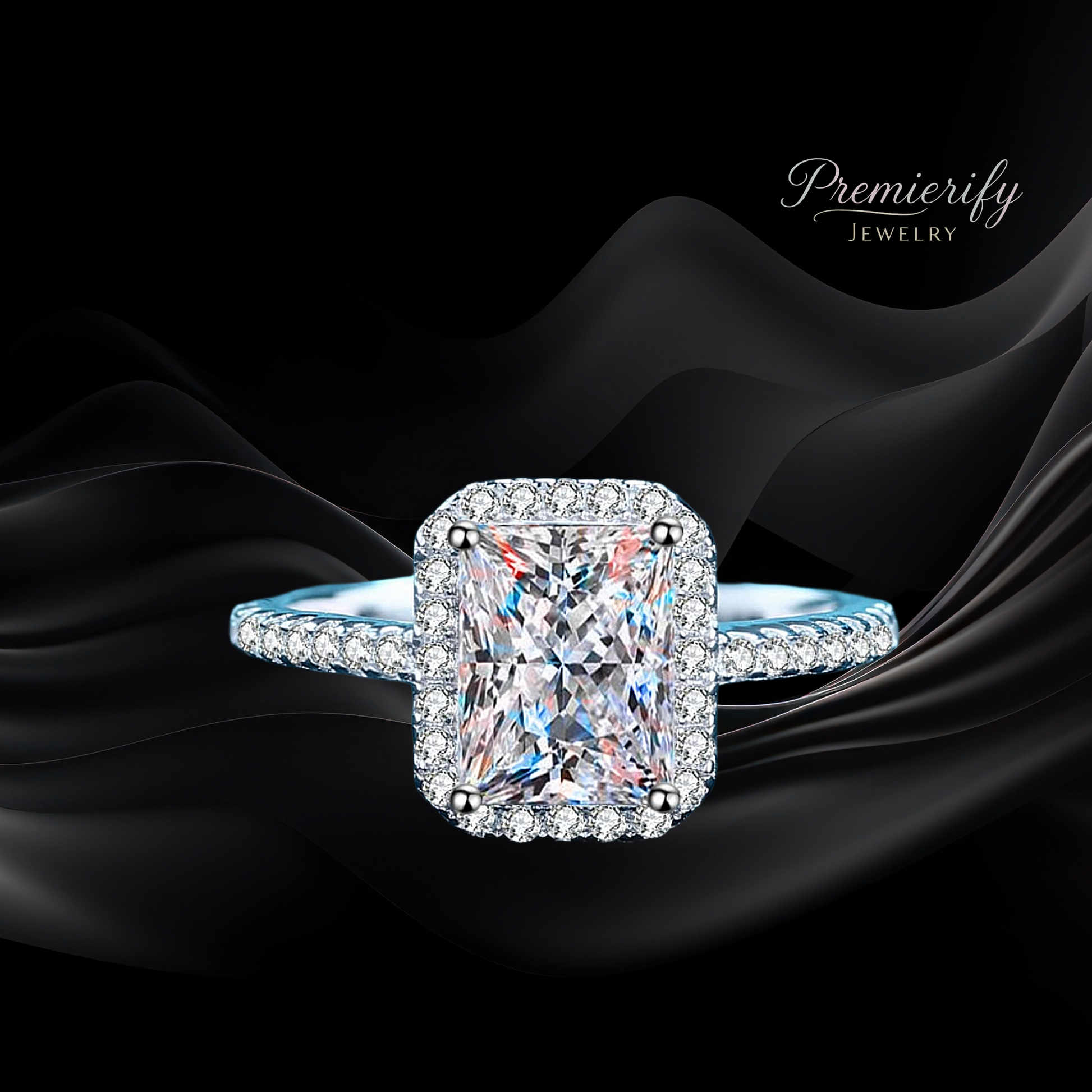 Diamond ring with a black background and 'Premierify Jewelry' branding.
