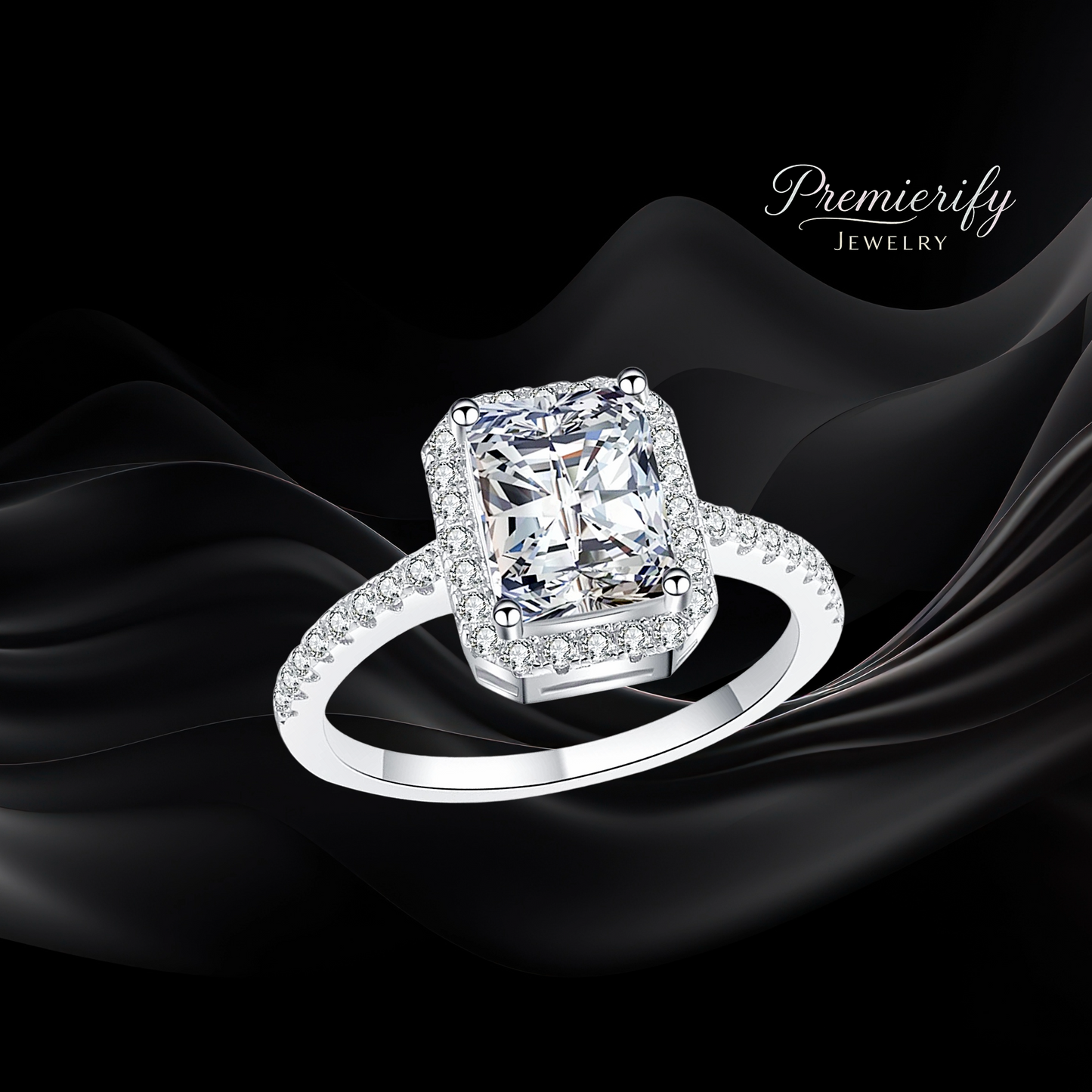 Diamond ring on black fabric with 'Premierify Jewelry' branding