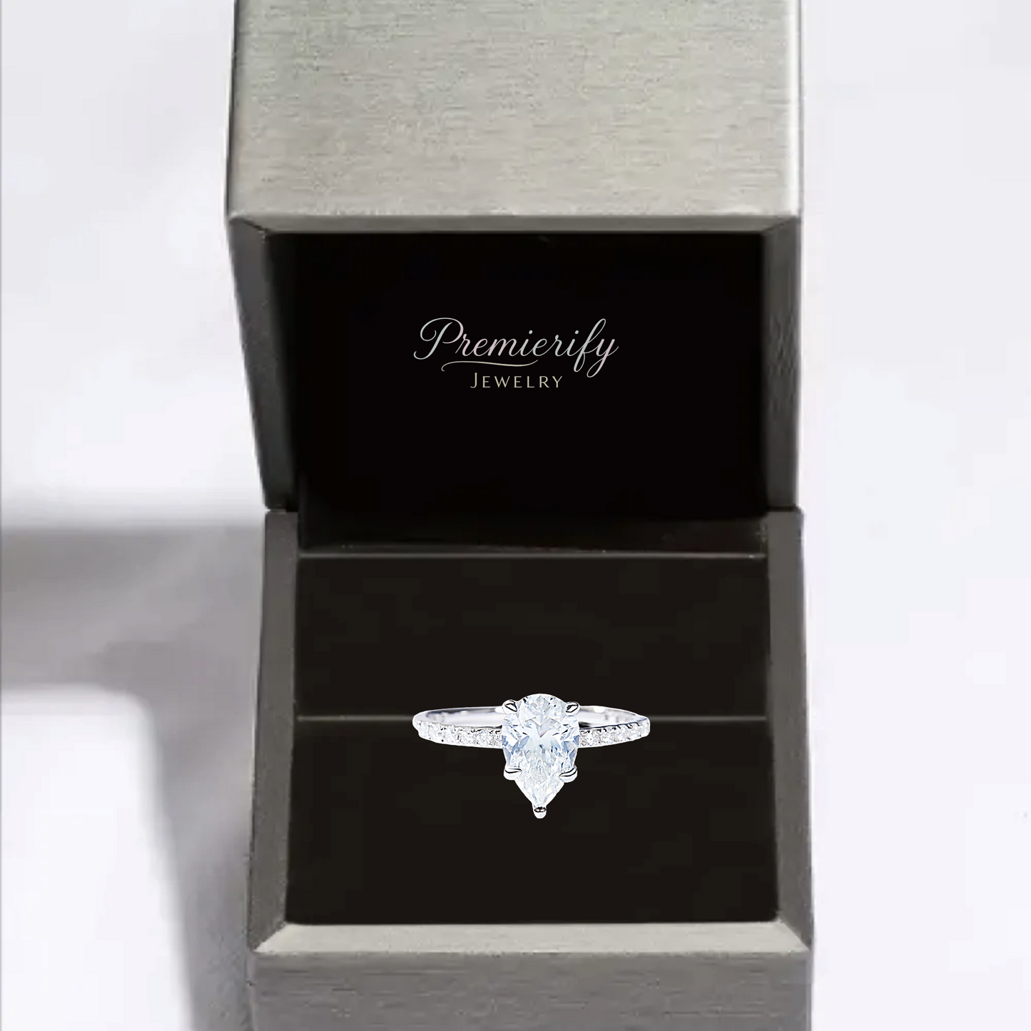 Diamond ring in a Premierify Jewelry box on a white background