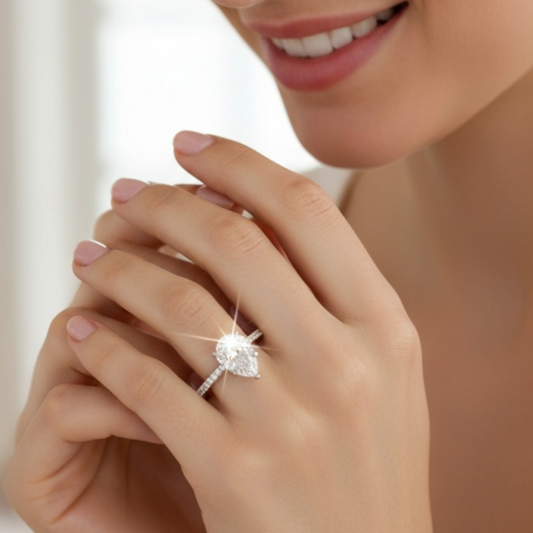 Close-up of a hand wearing a diamond ring with a blurred background