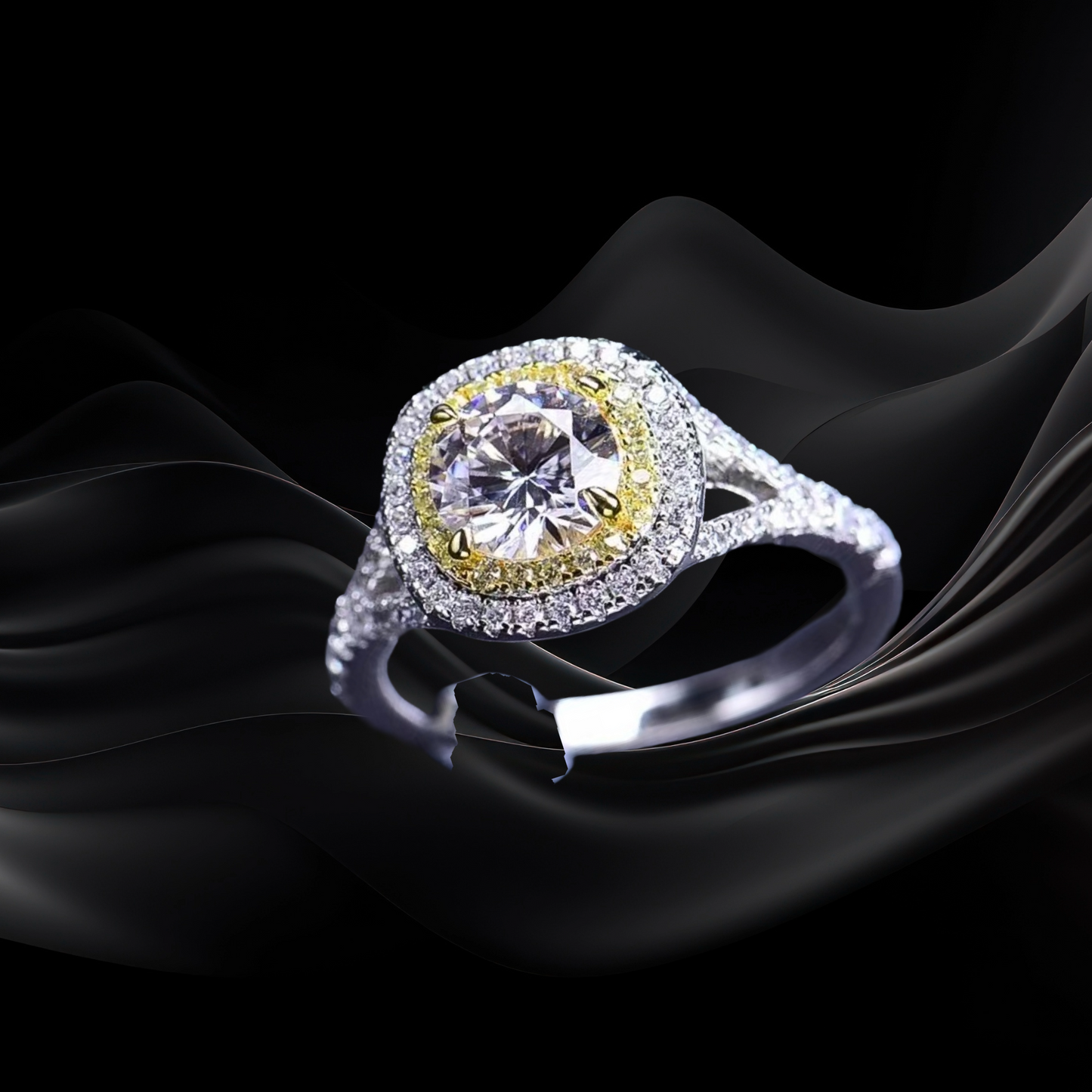 Starglow™ 1ct Moissanite Two-Tone Halo Ring Platinum Plated 925