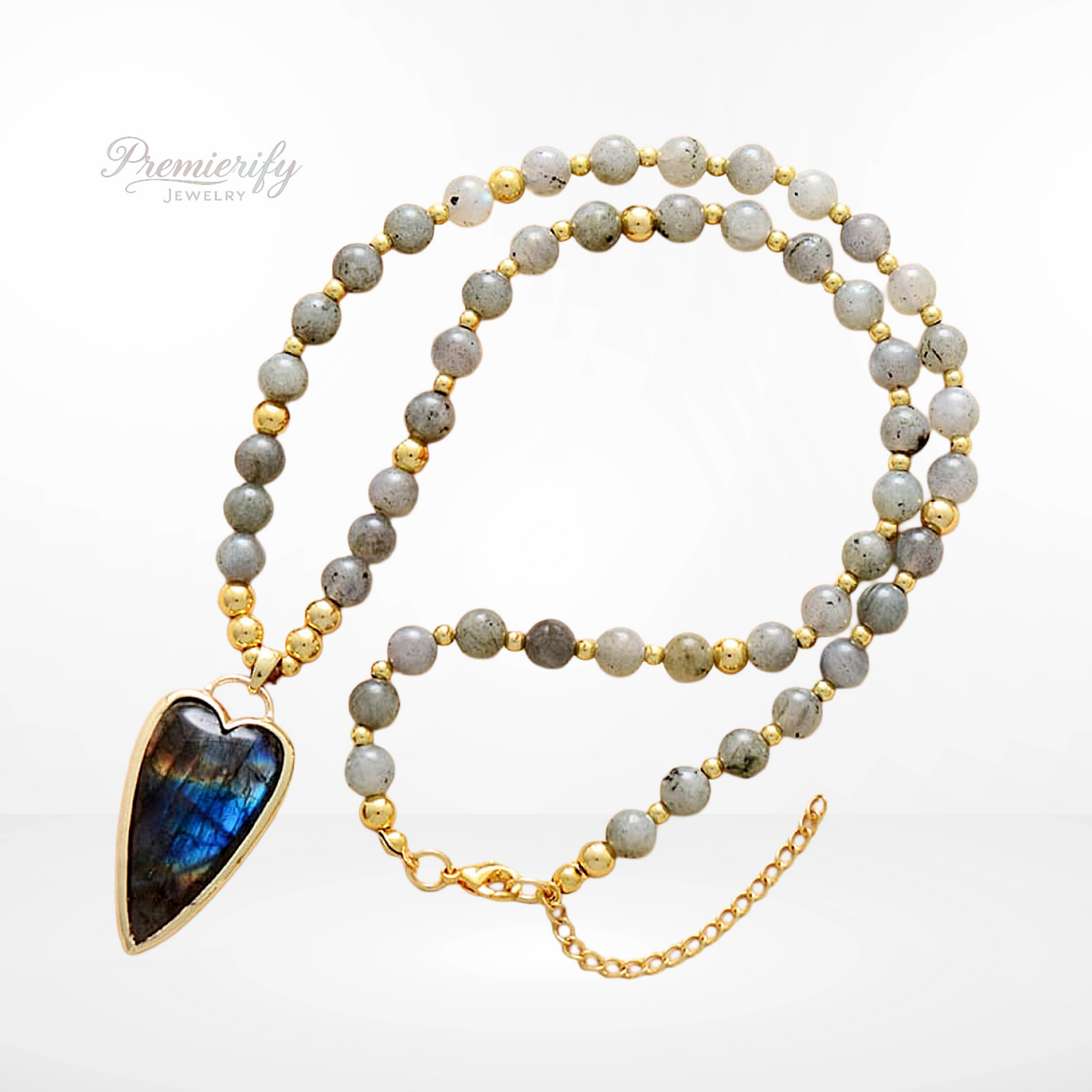 Necklace with Labradorite heart pendant on a white background