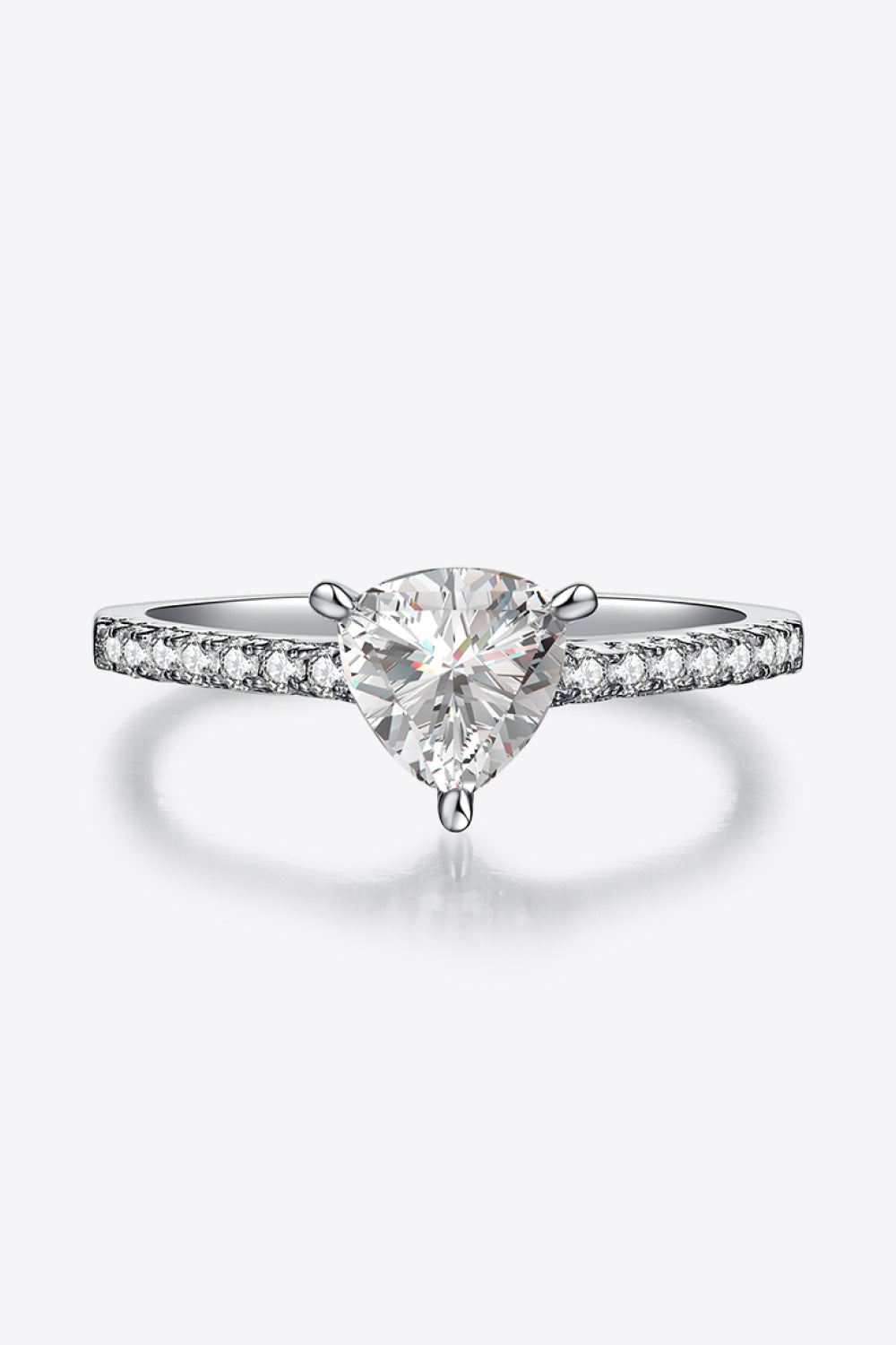 TriNova™ 1ct triangle moissanite ring in platinum-plated 925 with zircon accents; includes certificate of authentication.