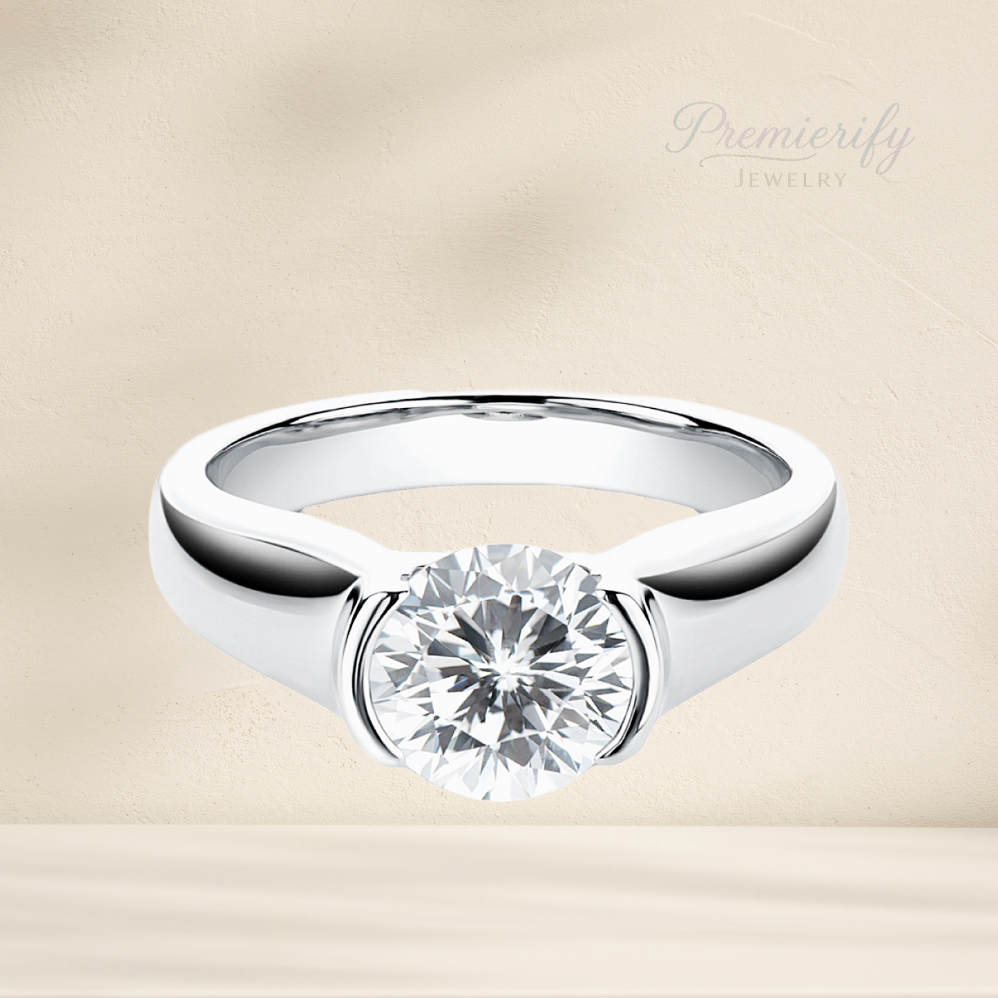 True Glint™ 1ct Round Moissanite Solitaire Bezel Ring Platinum Plated 925