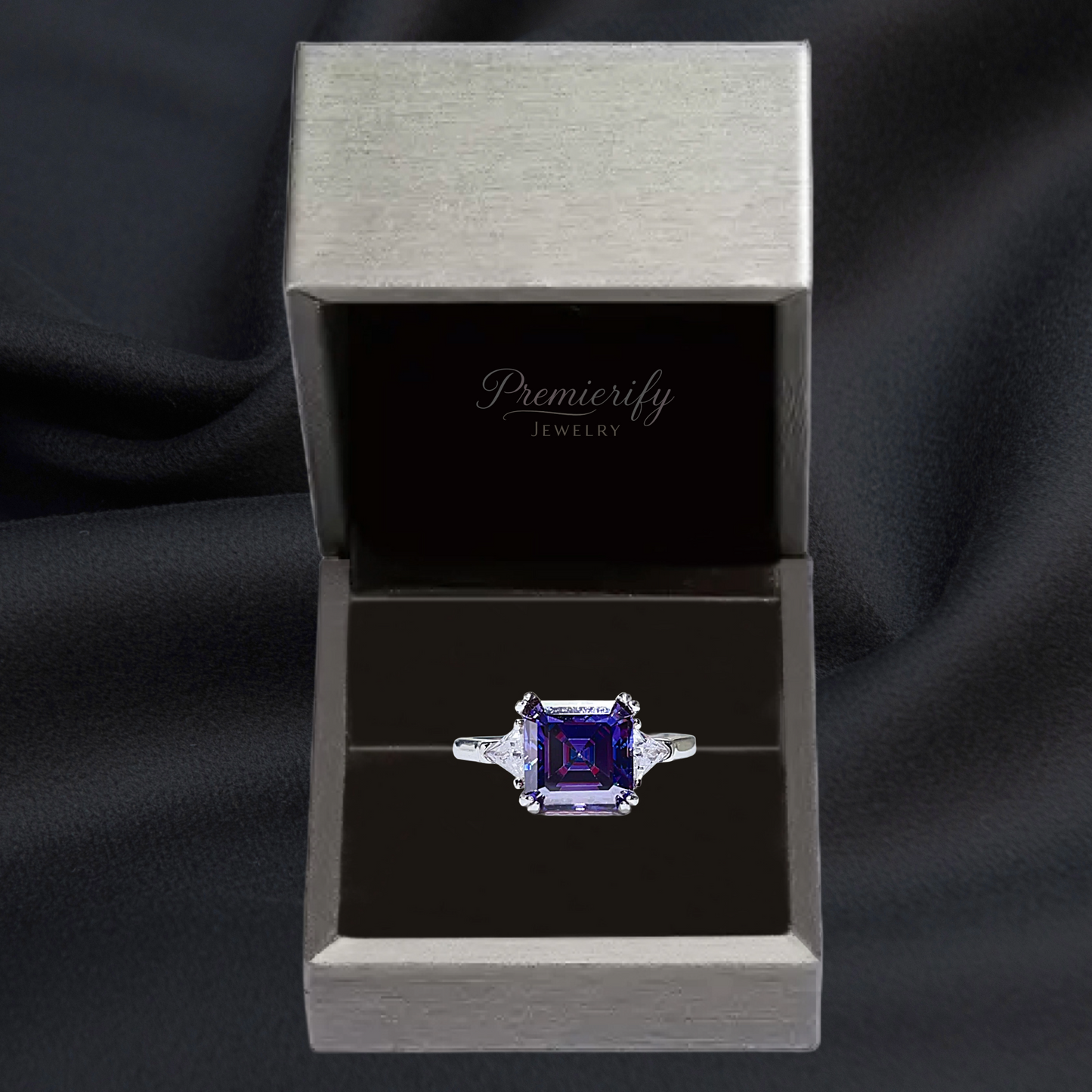 Veloura™ 3ct Radiant Violet Moissanite Ring in Platinum-Plated 925 Sterling Silver